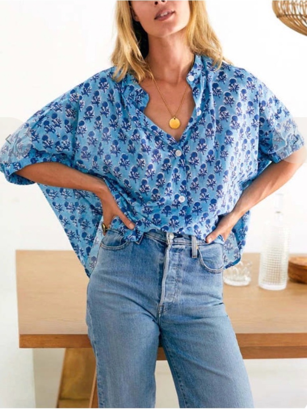 India Collection Danube Emerson Fry Block Print Floral Organic Cotton Top Blouse